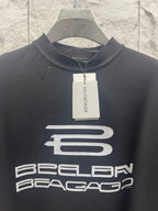 Balenciaga dark short-sleeve T-shirt with neckline tag and large chest logo