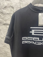 Balenciaga dark short-sleeve T-shirt with partial chest logo and sleeve print
