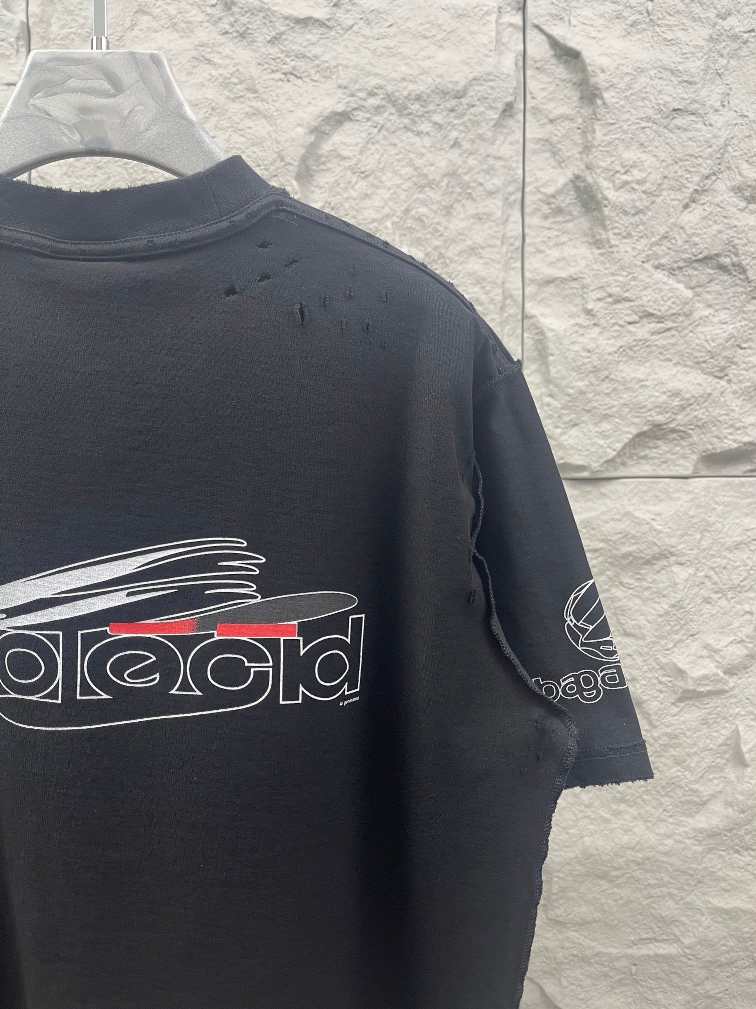 Balenciaga dark short-sleeve T-shirt with back graphic logo and sleeve print