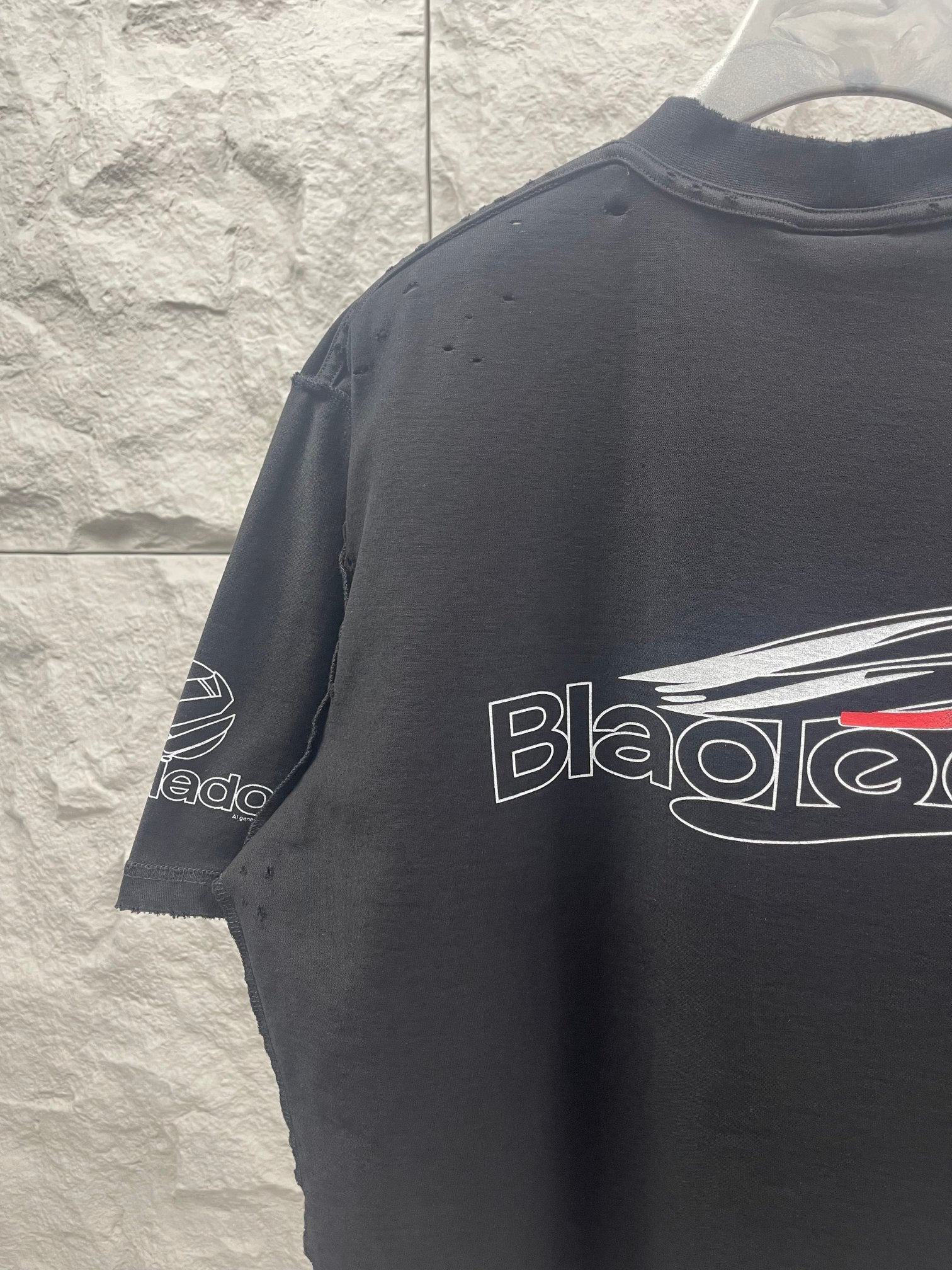Balenciaga dark short-sleeve T-shirt with back graphic logo and sleeve print