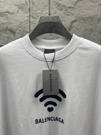 White Balenciaga crew-neck T-shirt with Wi‑Fi logo, attached brand tag