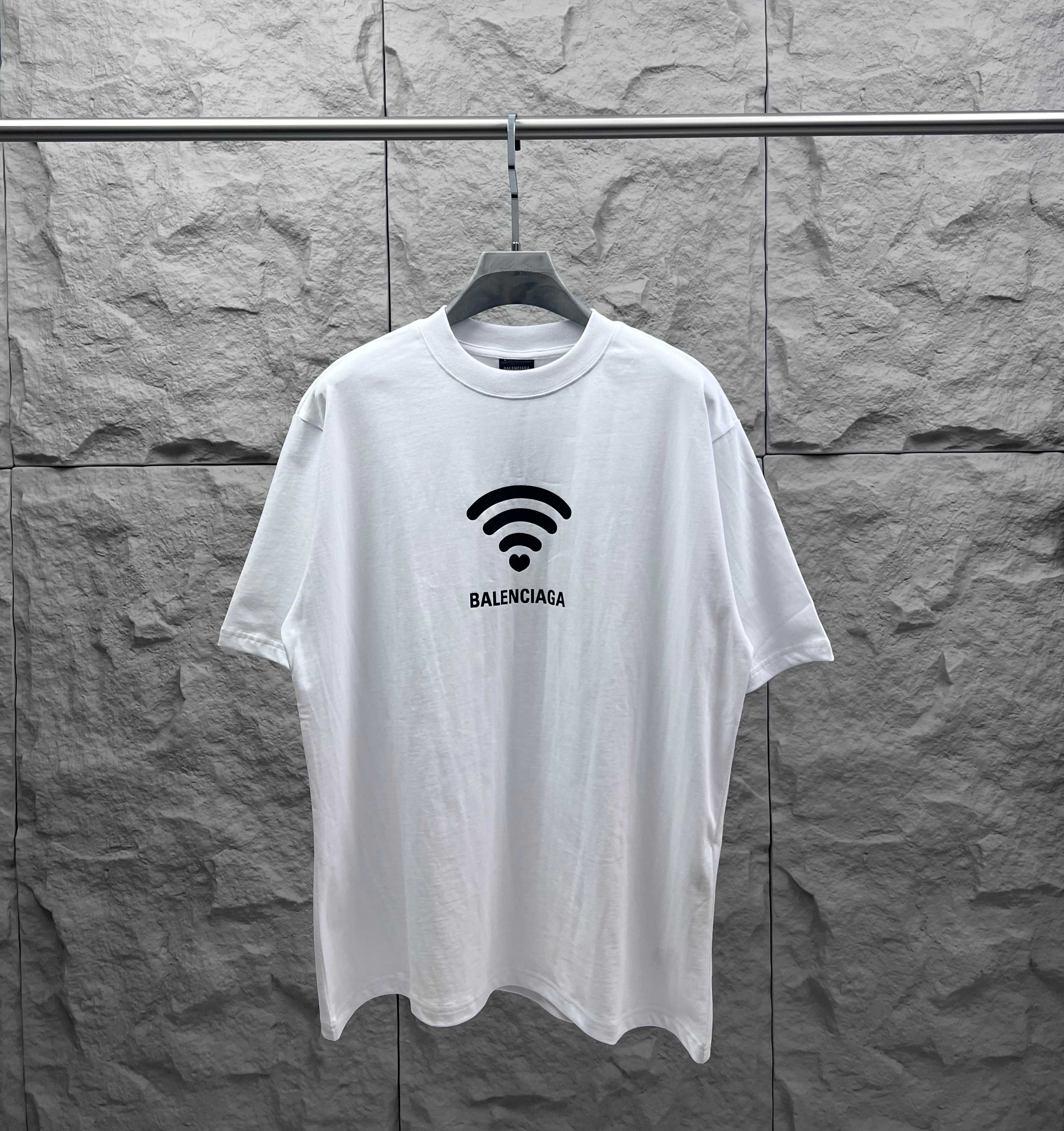 White Balenciaga short-sleeve T-shirt with Wi‑Fi logo and BALENCIAGA text on chest