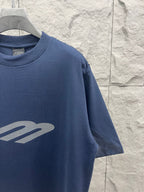 Balenciaga short-sleeve T-shirt, blue, close-up of front logo graphic