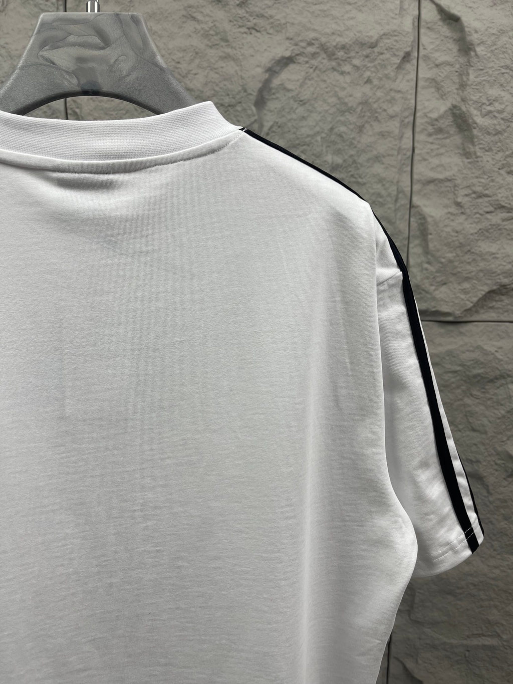 Balenciaga white short-sleeve T-shirt back with black triple stripe sleeve detail