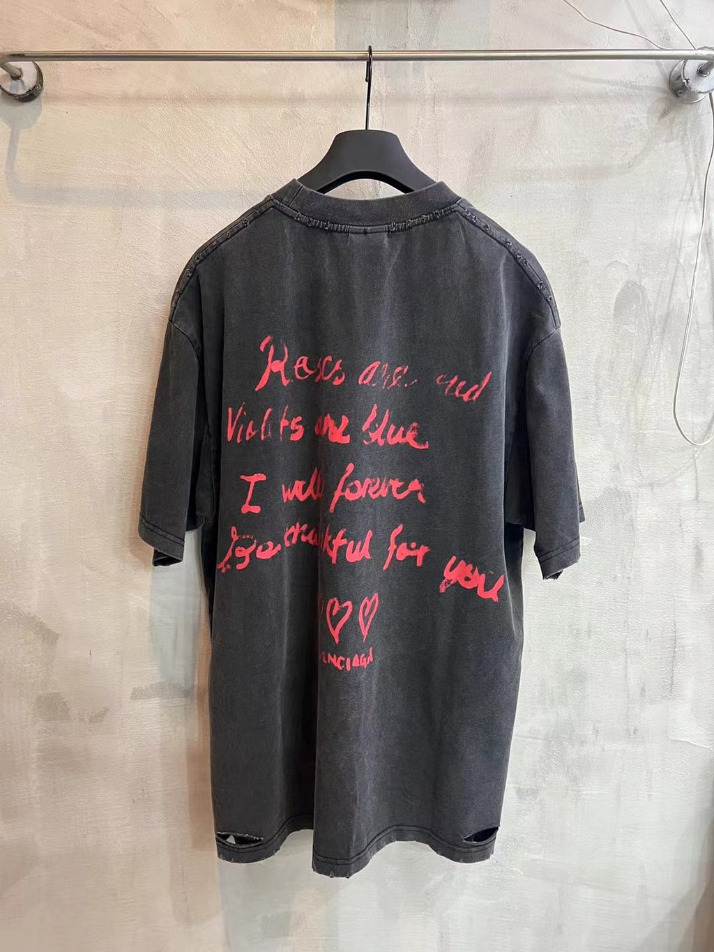 Balenciaga short-sleeve T-shirt, dark gray with red back graphic text, crew neck