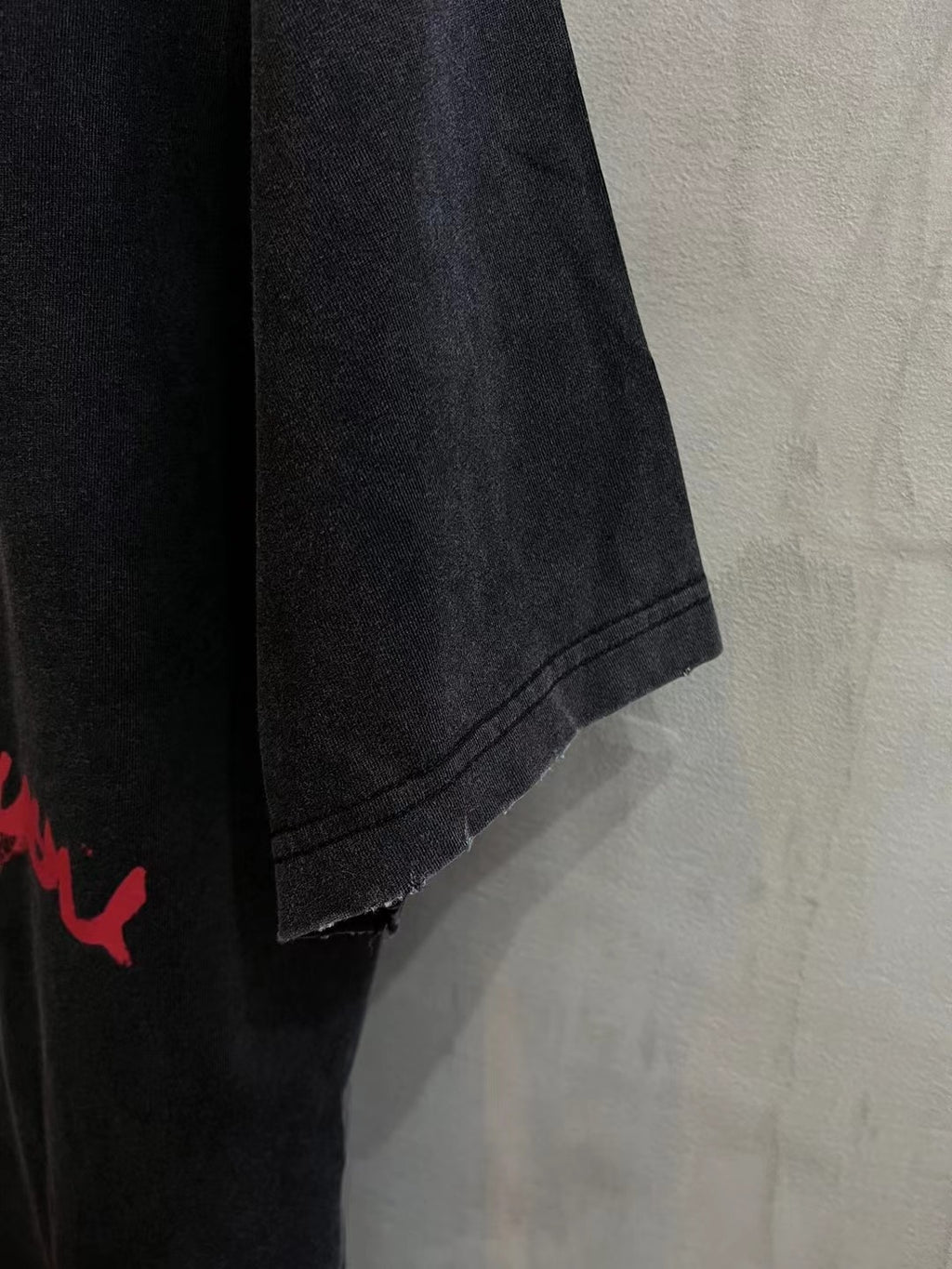 Balenciaga dark gray T-shirt sleeve cuff and side hem with distressed stitching