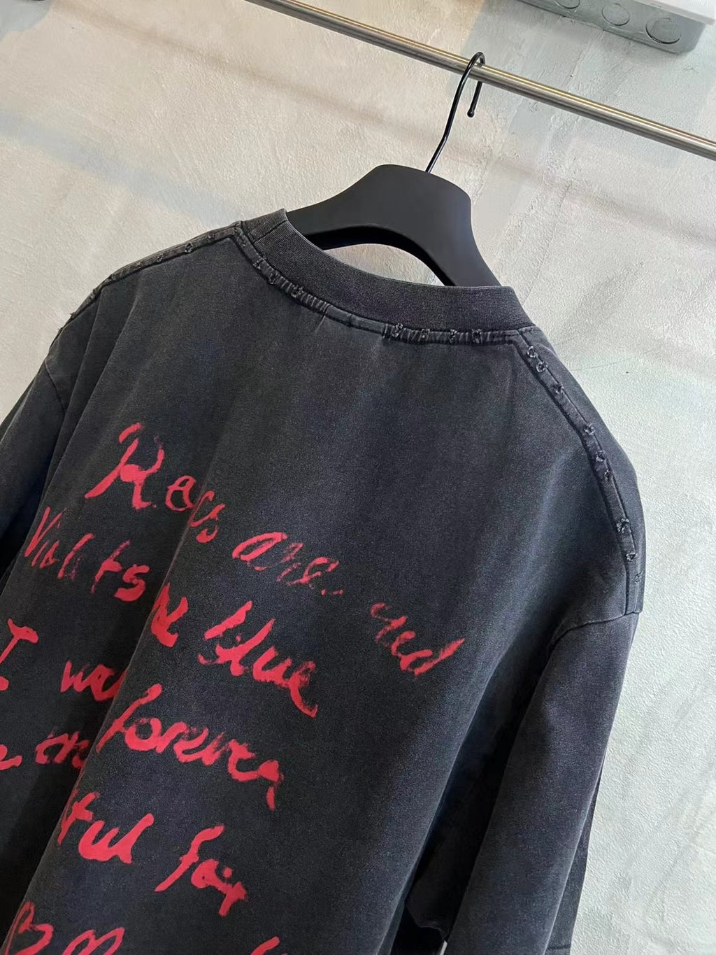Balenciaga dark gray T-shirt with red script graphic, crew neck, relaxed fit