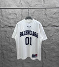 White Balenciaga short-sleeve T-shirt with navy “BALENCIAGA” and “01” graphic front