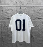 White Balenciaga short-sleeve T-shirt with large navy “01” graphic on back