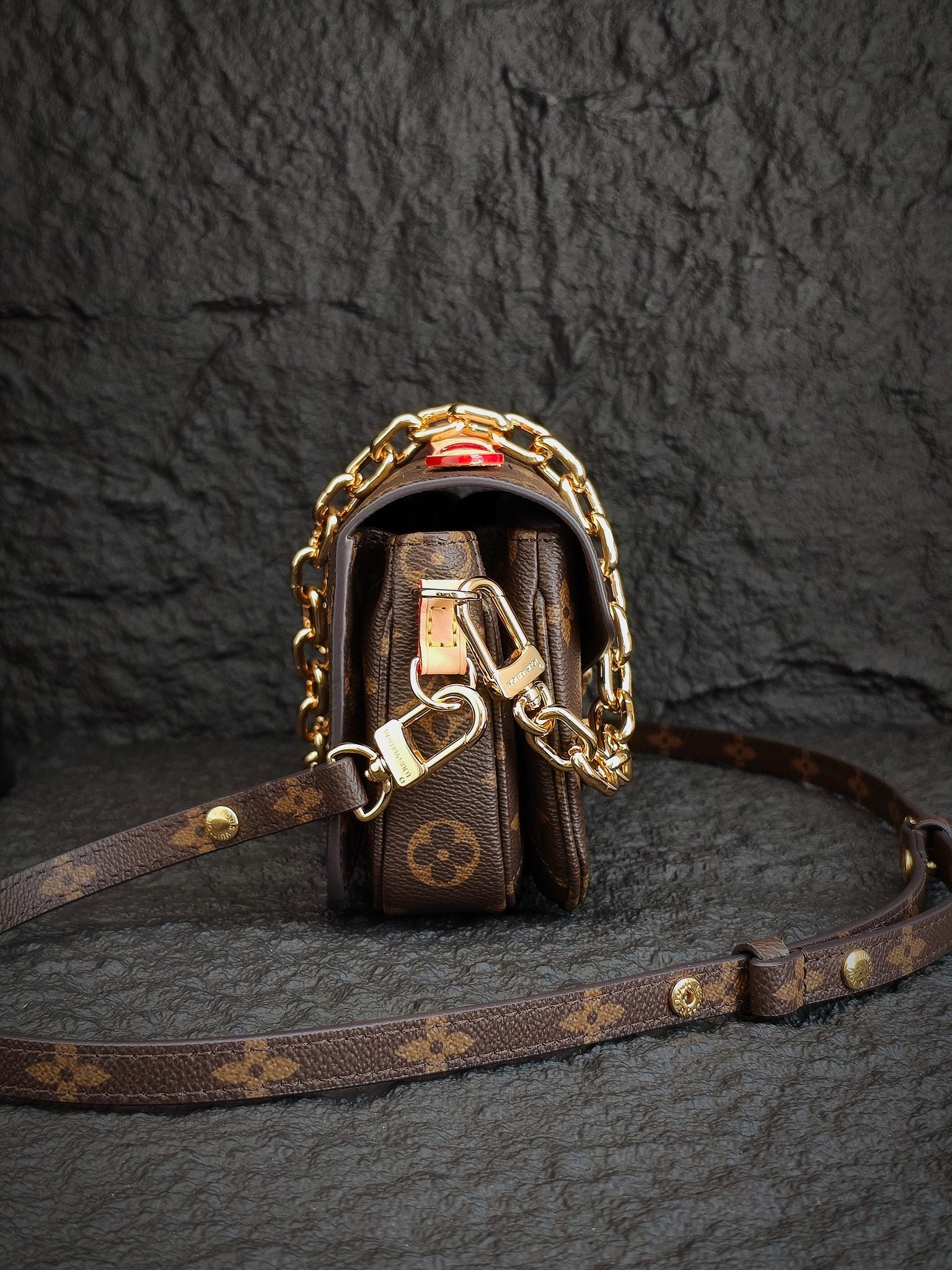 Brown monogram mini bag with gold-tone hardware and crossbody strap