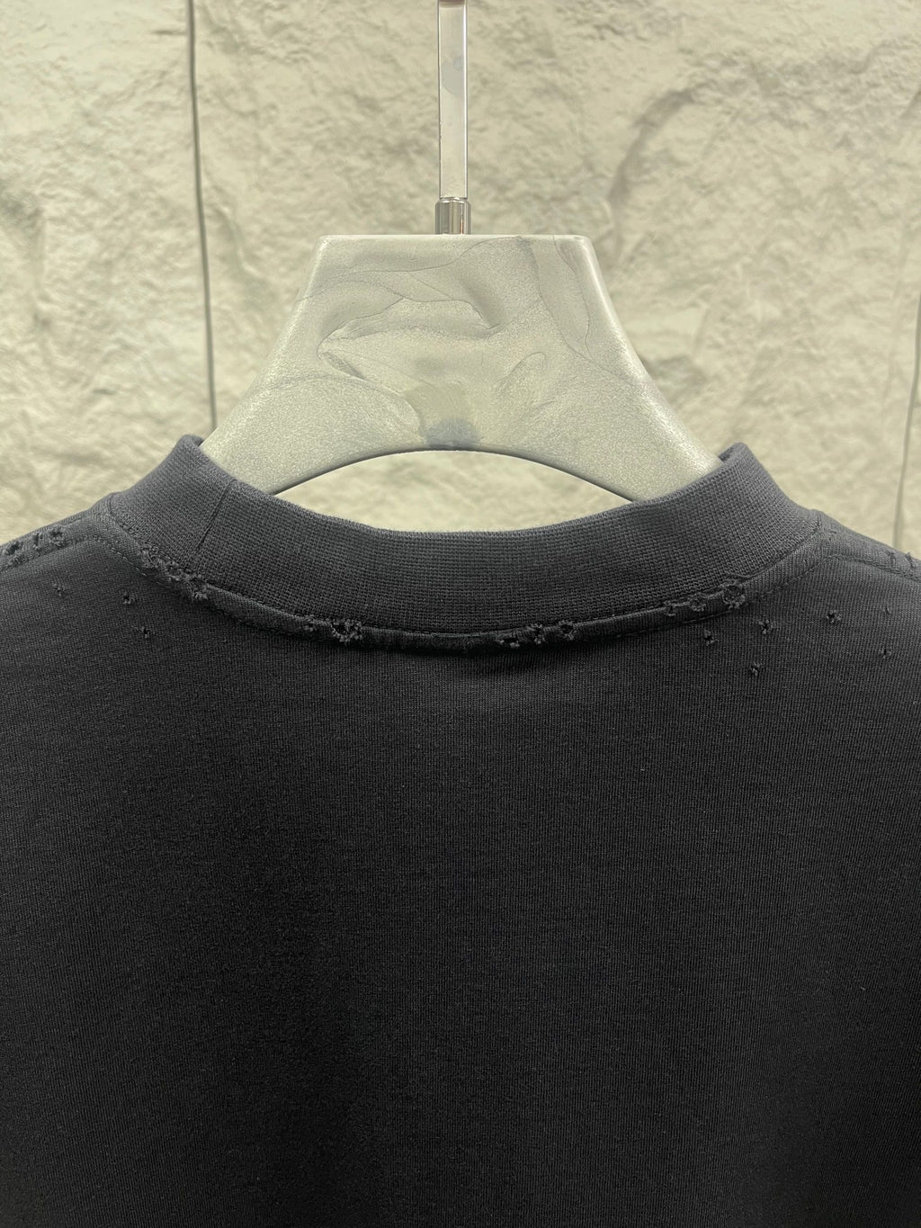 Balenciaga navy T-shirt neckline seam close-up