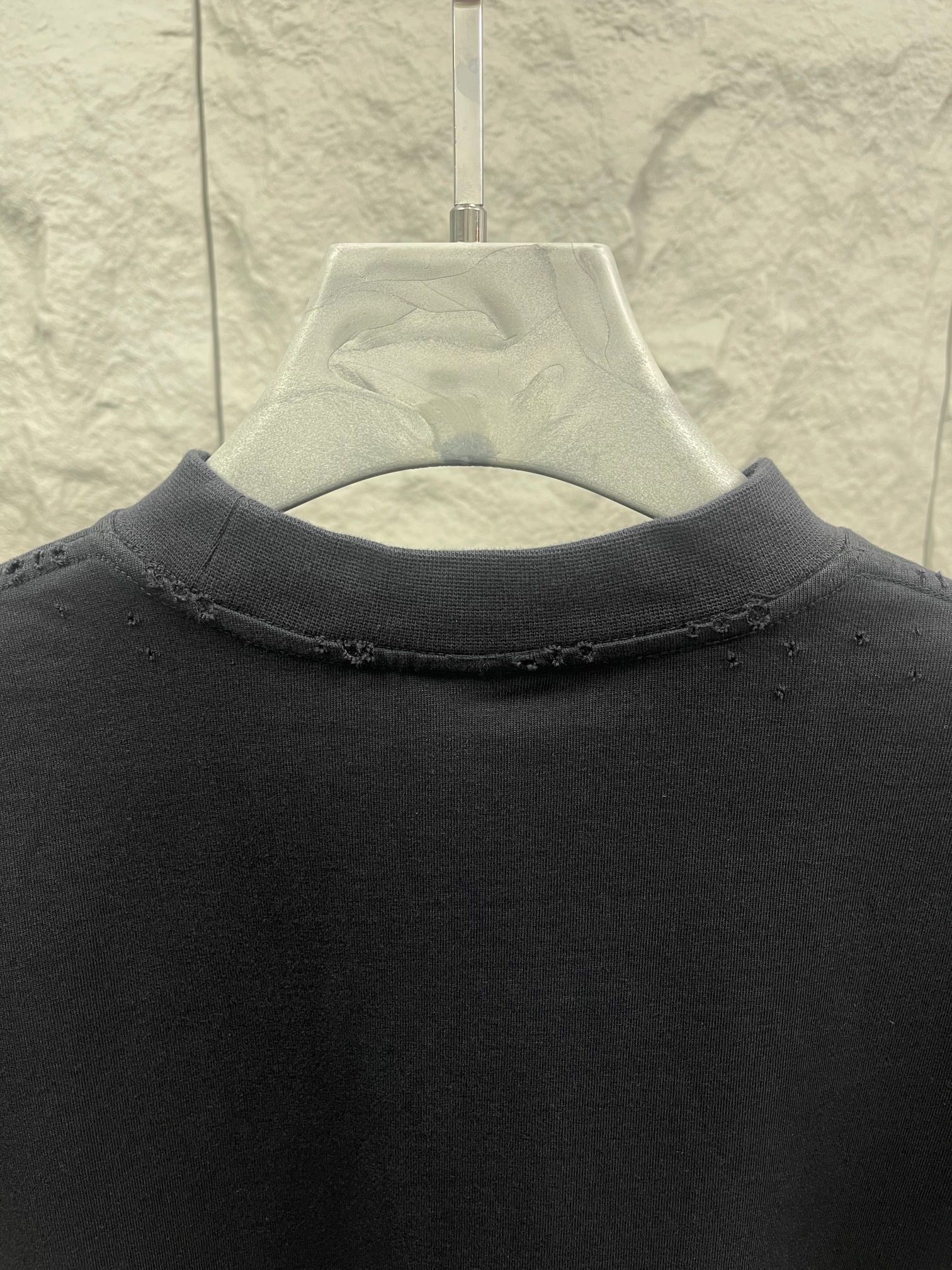 Balenciaga navy T-shirt neckline seam close-up