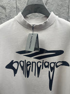 White Balenciaga T-shirt with front logo graphic and round studded collar