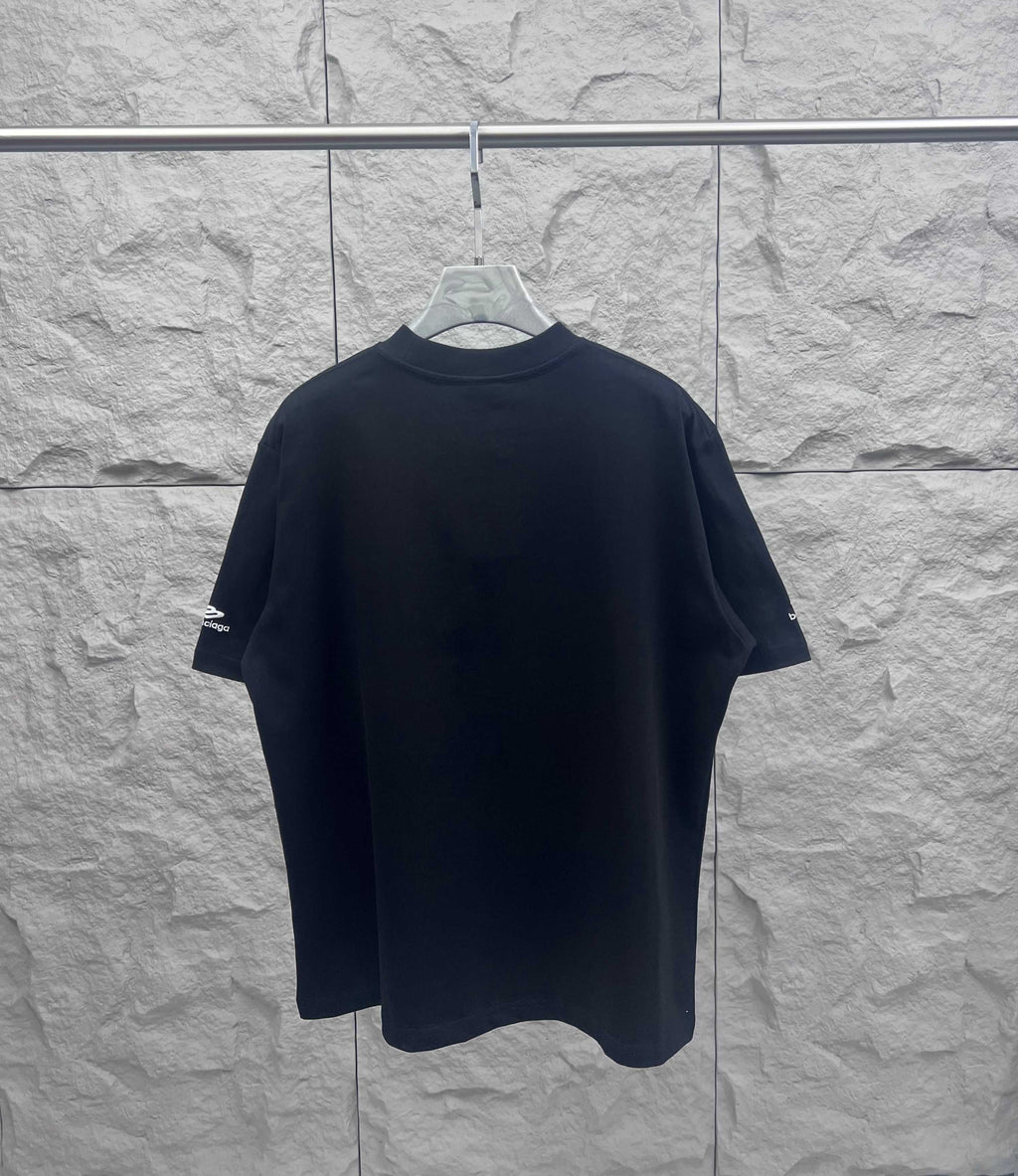 Black short-sleeve T-shirt, plain back with Balenciaga logo on sleeve