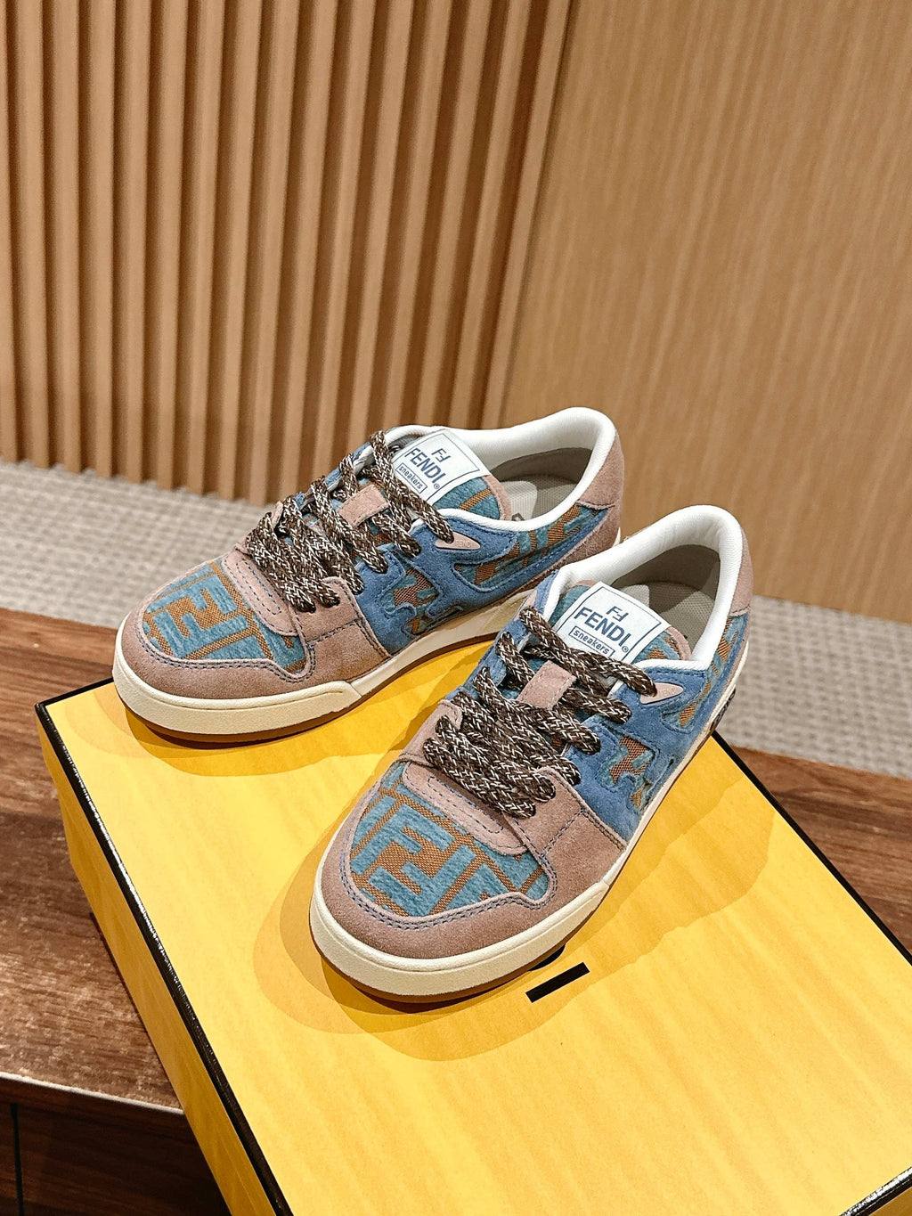 Fendi unisex sneakers, blue and brown patchwork upper with lace-up front
