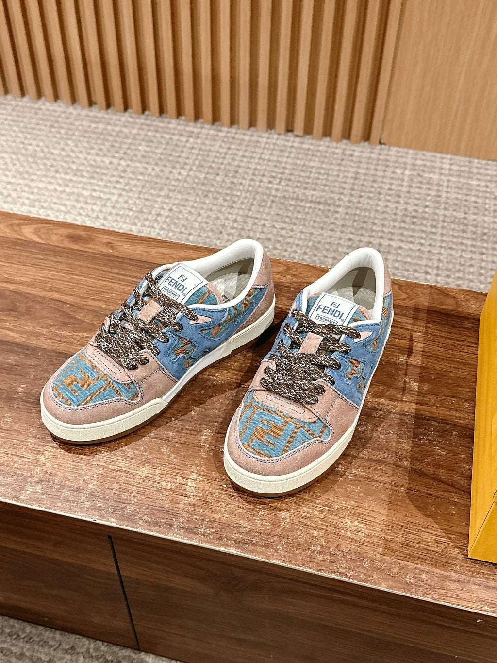 Fendi unisex low-top sneakers with blue printed panels and brown toe cap