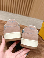 Fendi unisex sneakers heel view in tan and light blue with lace-up front