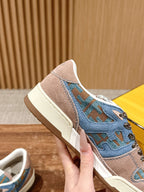 Fendi unisex side view sneakers with blue printed sections and tan heel