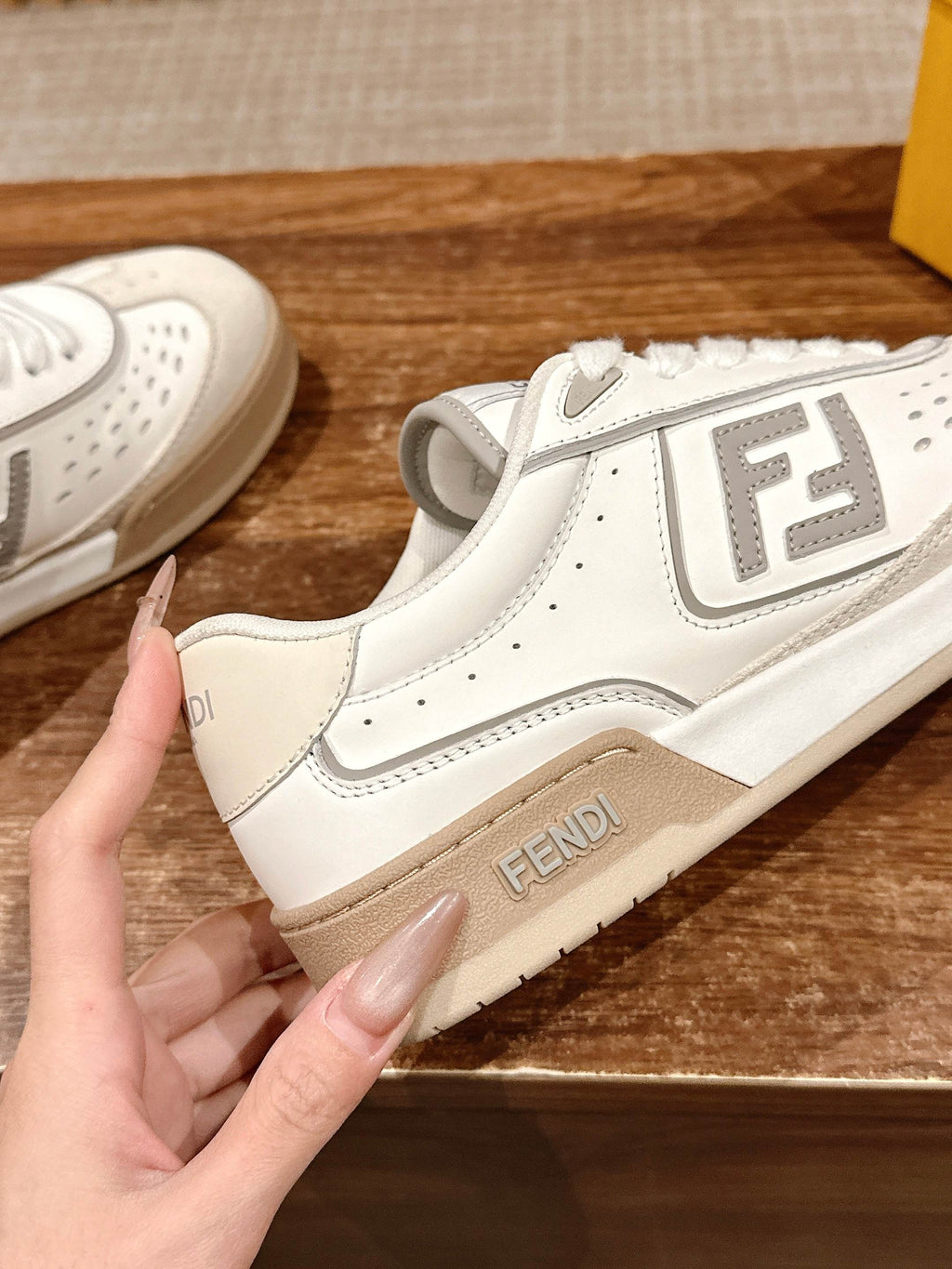 White Fendi Roma sneaker close-up with side F logo and heel branding