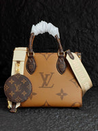 Tan monogram handbag with ribbon-wrapped handles, shoulder strap, and round pouch