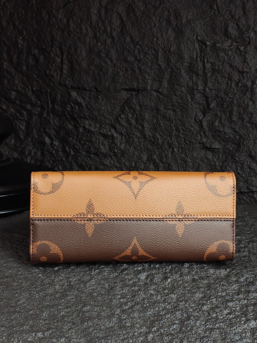 Monogram wallet with top flap and horizontal seam, beige and brown tones