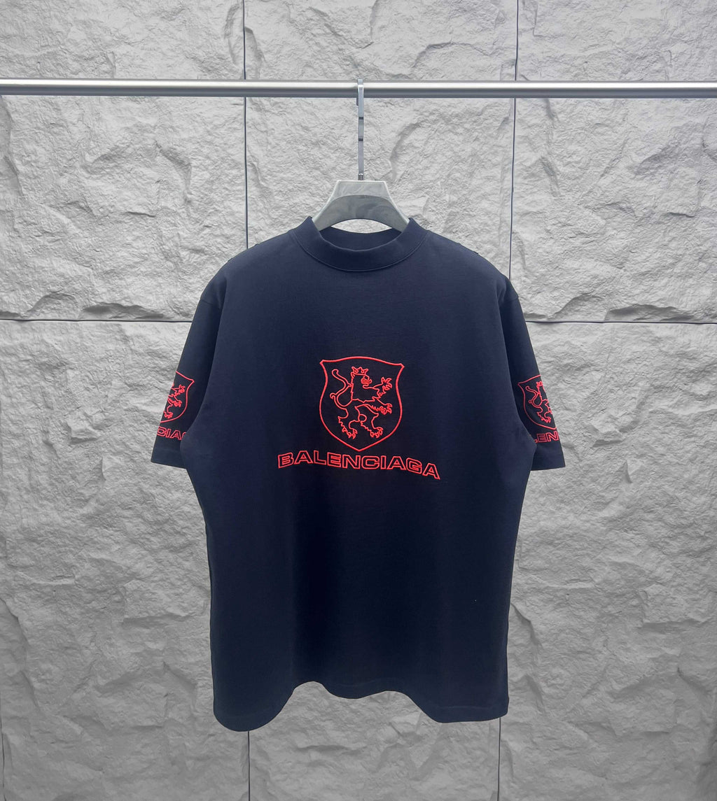 Balenciaga dark T-shirt with red shield and Balenciaga logo, crew neck, short sleeves