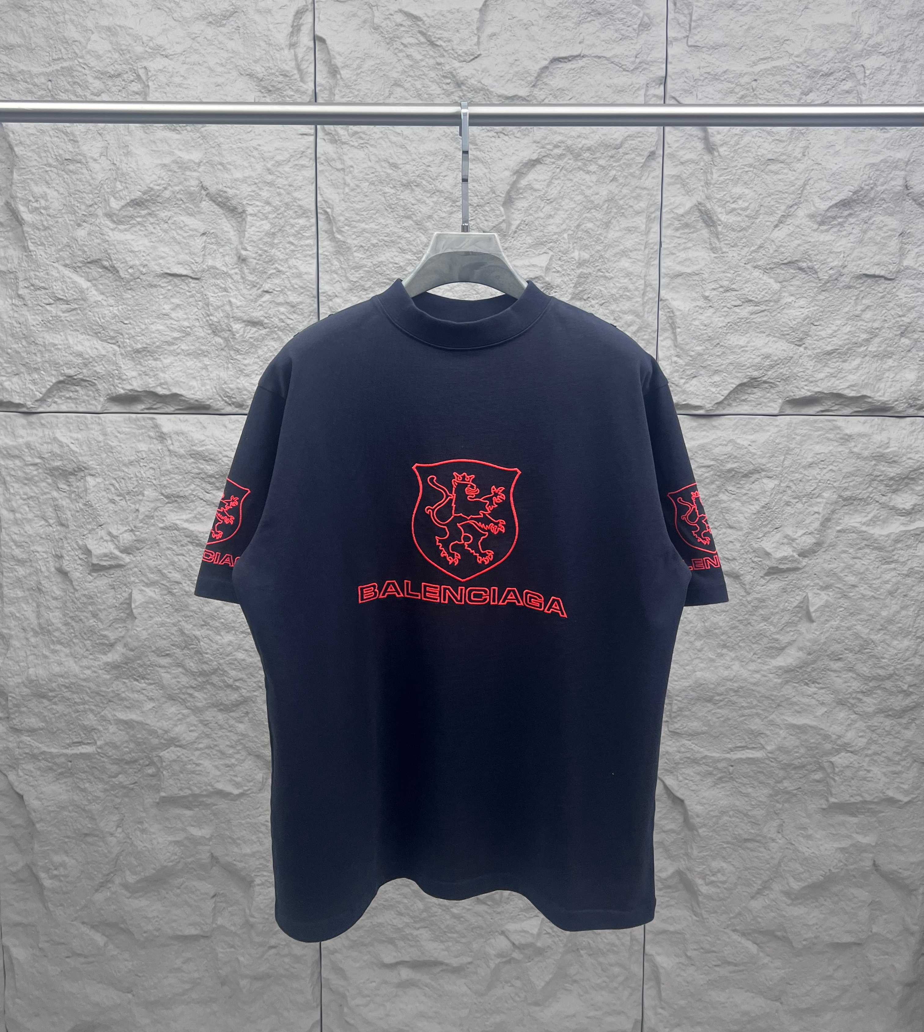 Balenciaga dark T-shirt with red shield and Balenciaga logo, crew neck, short sleeves