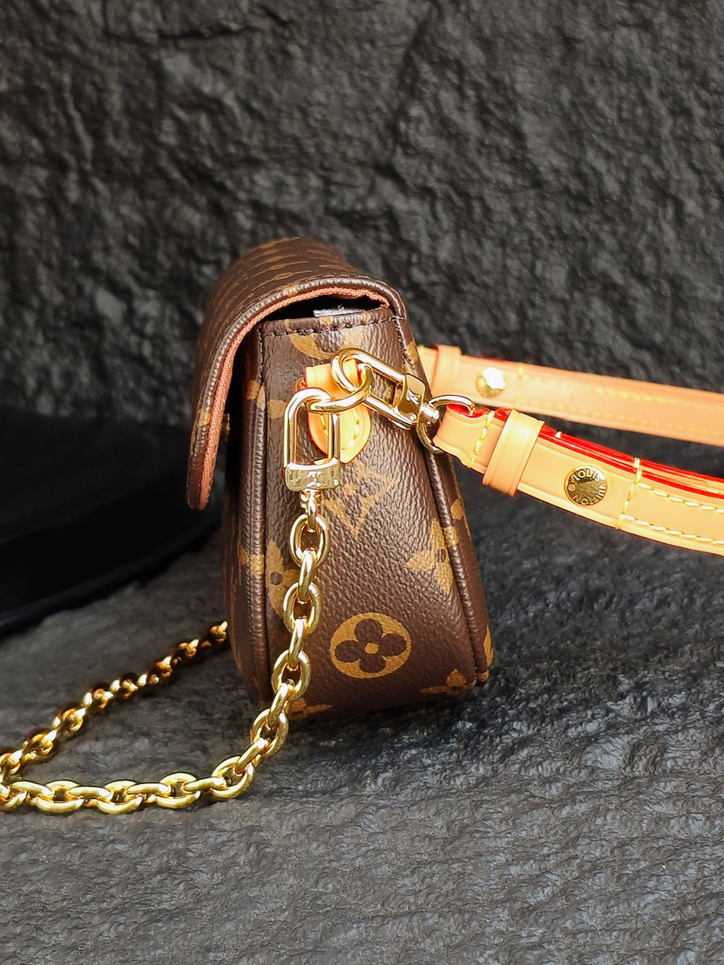Louis Vuitton monogram mini bag with gold clasp and gold chain, close-up