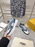 Fendi unisex sneakers, light-blue and white with lace-up, padded collar, and FENDI logo
