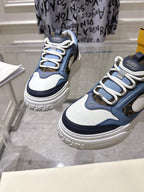 Fendi unisex sneakers, close view of lace-up front in navy, light-blue, and white
