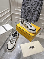 Fendi unisex pair of low-top sneakers, white leather with black heel and gray trim