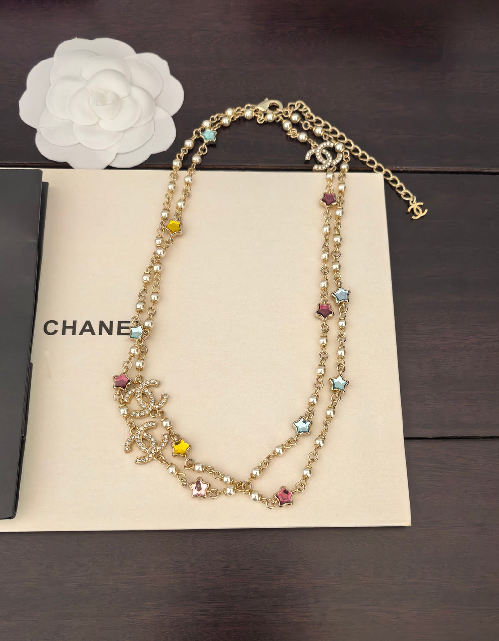 Gold-tone Chanel beaded charm necklace with multicolor gemstone stones and chain links