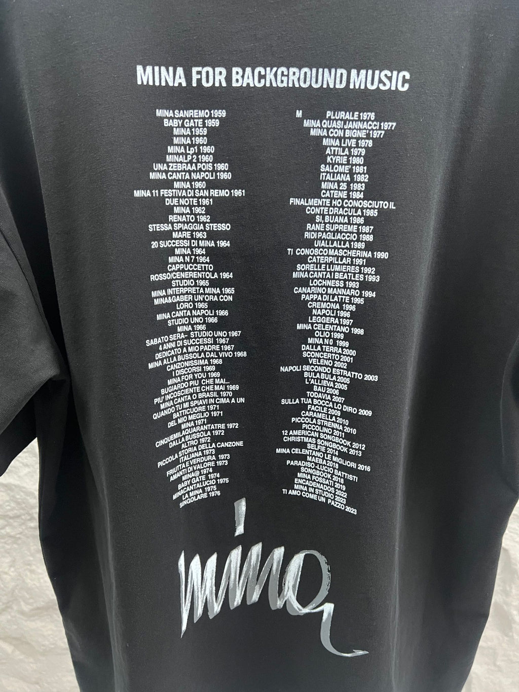 Balenciaga black T-shirt back with printed list text and white Mina logo