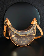 Louis Vuitton hobo bag with monogram canvas, front zip, gold chain strap and tan trim