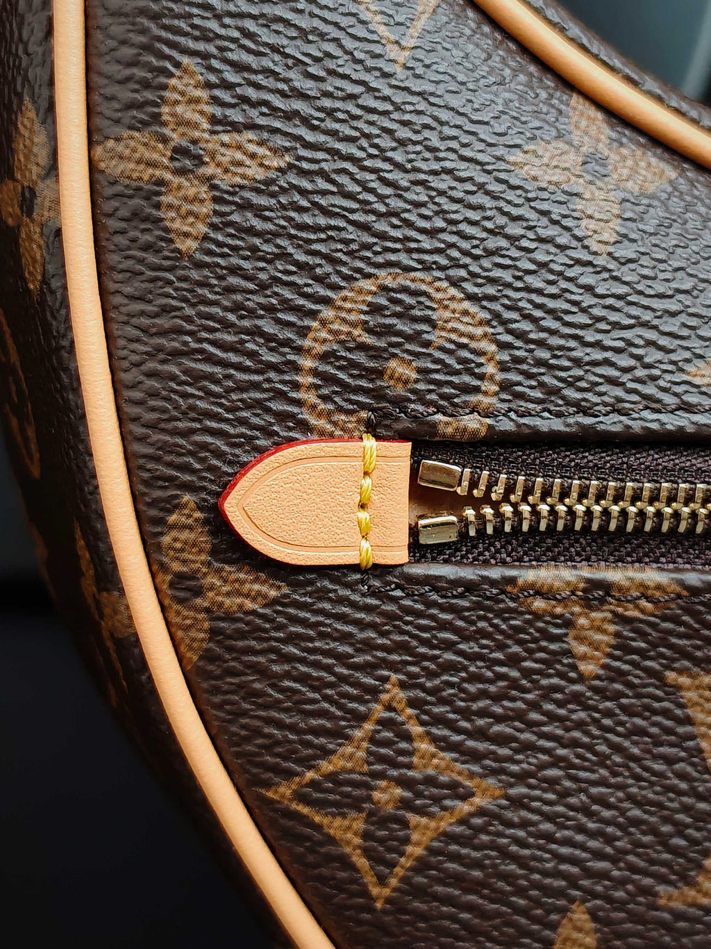Louis Vuitton monogram bag close-up: gold zipper with tan leather tab and trim