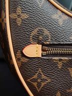 Louis Vuitton monogram bag close-up: gold zipper with tan leather tab and trim