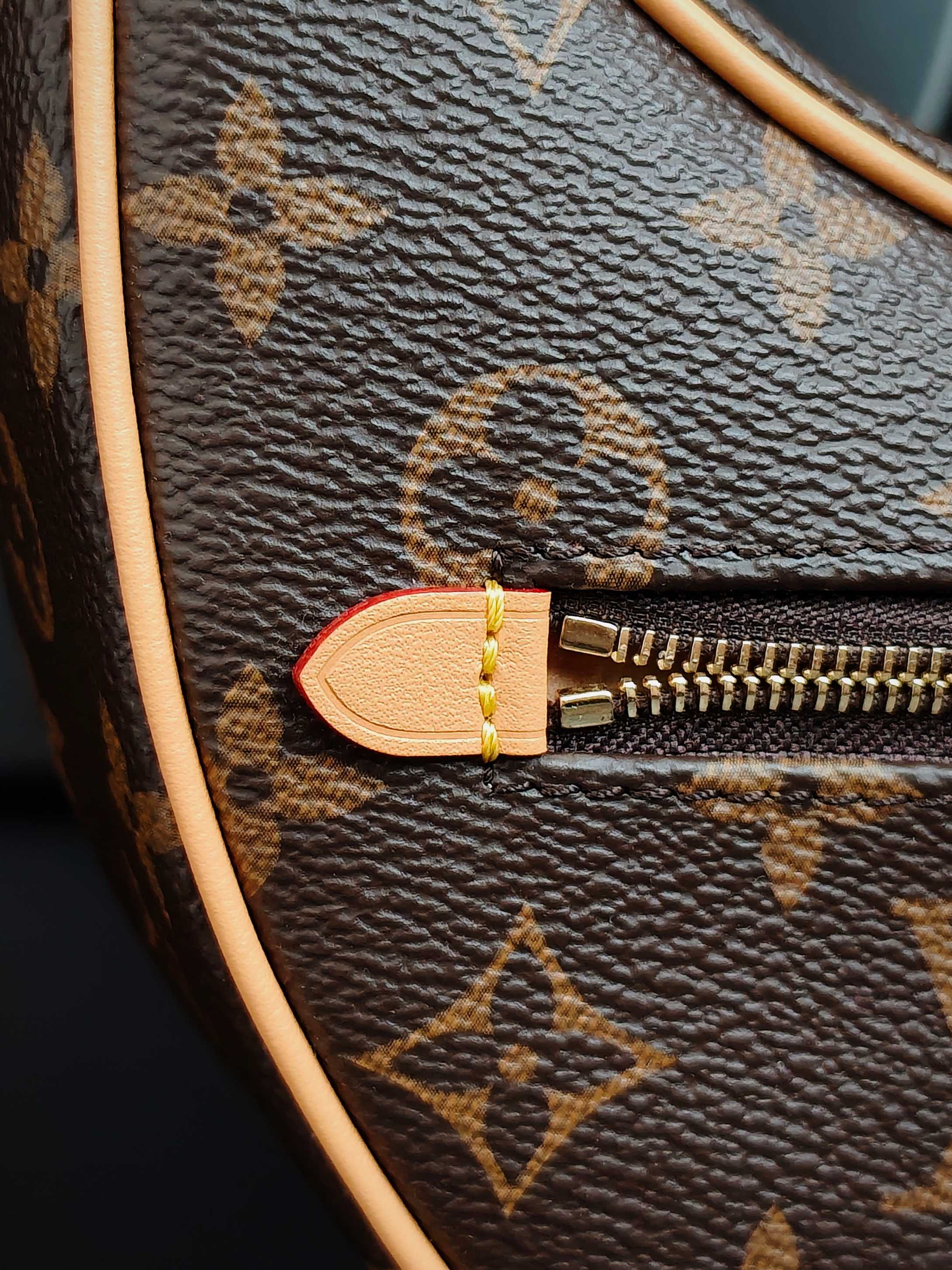 Louis Vuitton monogram bag close-up: gold zipper with tan leather tab and trim