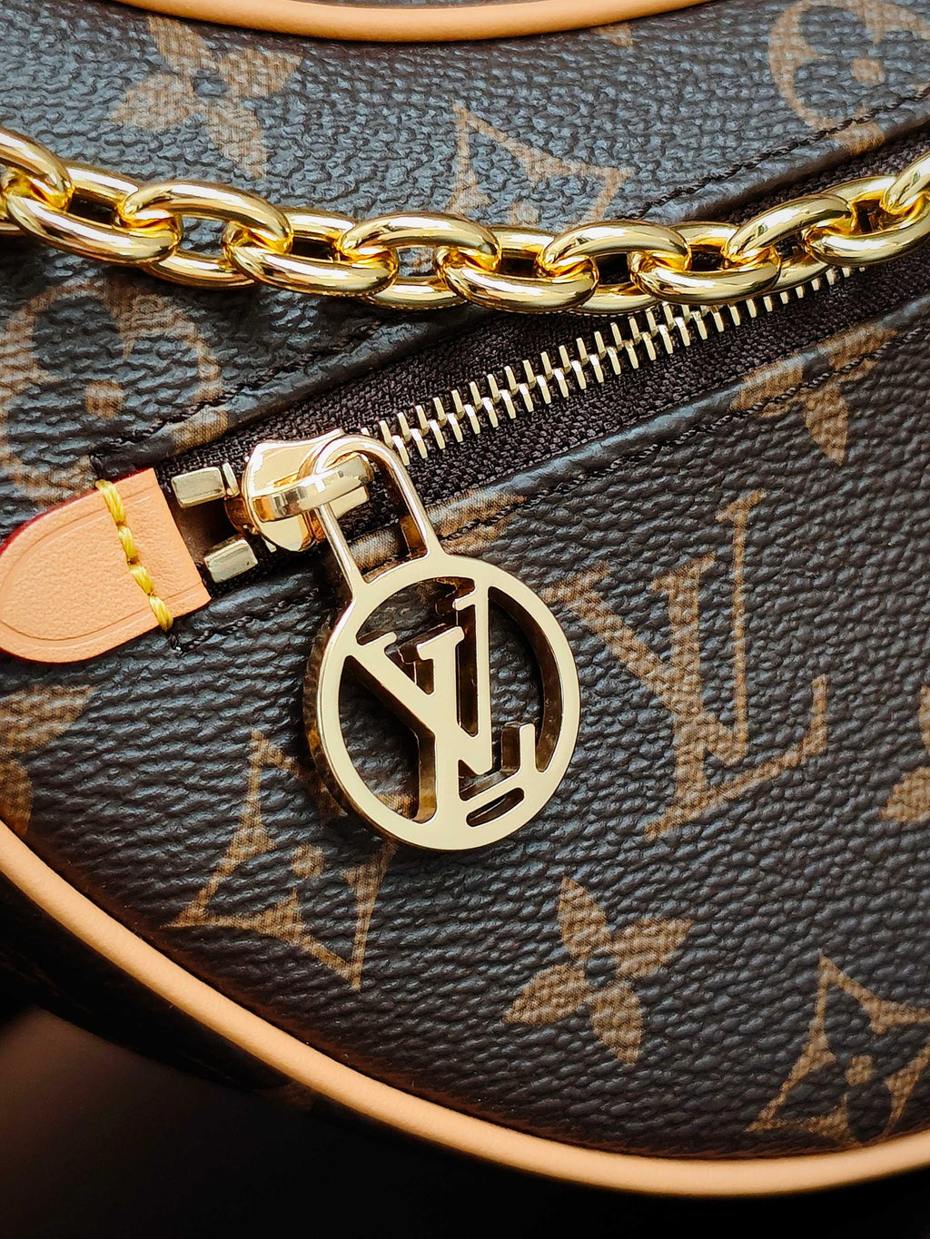 Louis Vuitton monogram bag close-up: gold chain, zipper pull and LV emblem