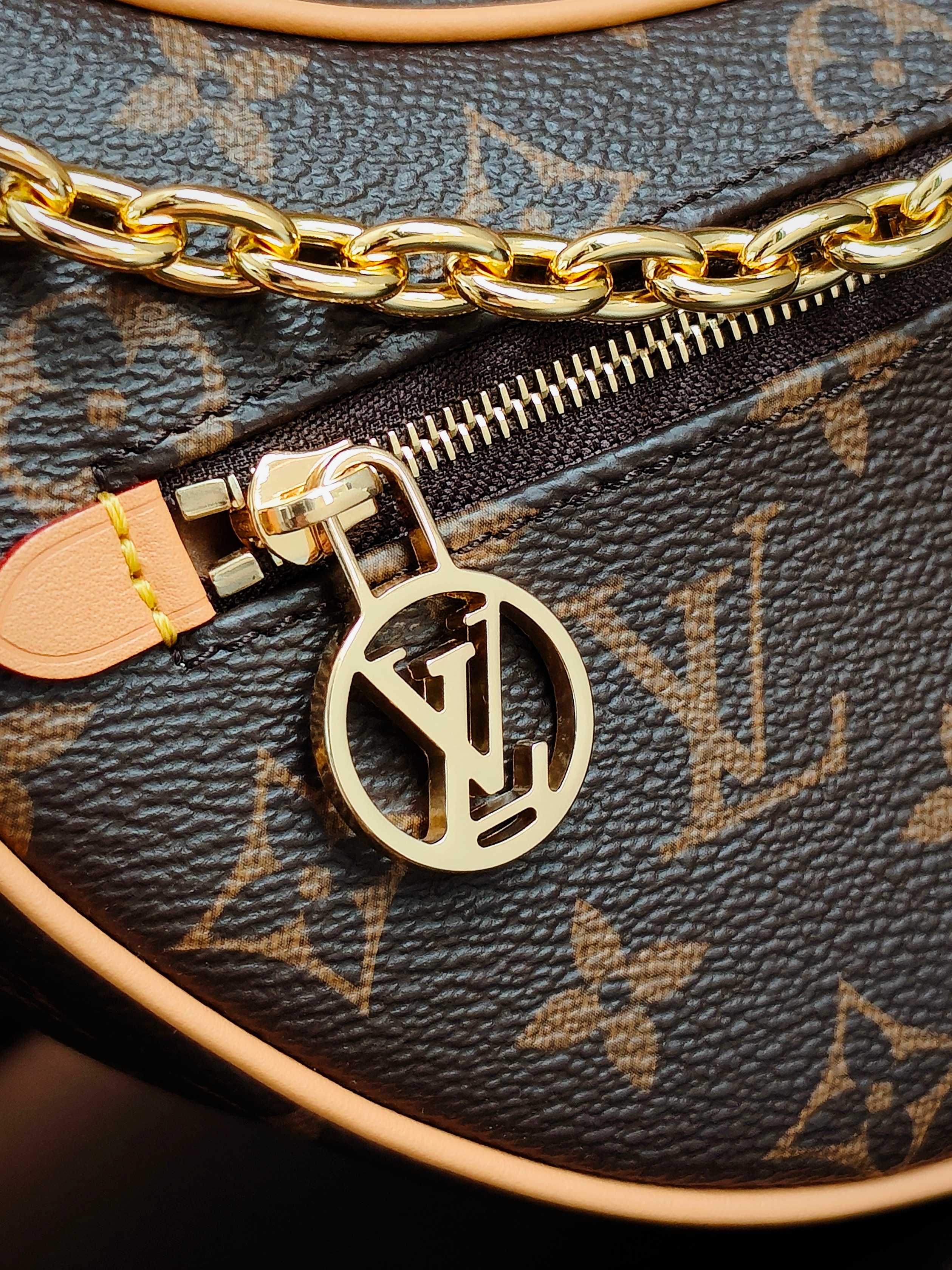 Louis Vuitton monogram bag close-up: gold chain, zipper pull and LV emblem