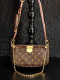 Louis Vuitton crossbody bag with monogram canvas, gold chain, and front flap pocket