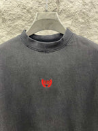 Balenciaga short-sleeve T-shirt front view, dark gray, red chest logo.