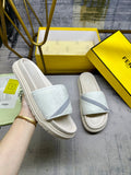 Fendi slide sandals, white leather with light blue strap and low rubber sole