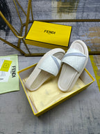 Fendi slide sandals, close pair with light blue strap and white footbed on box