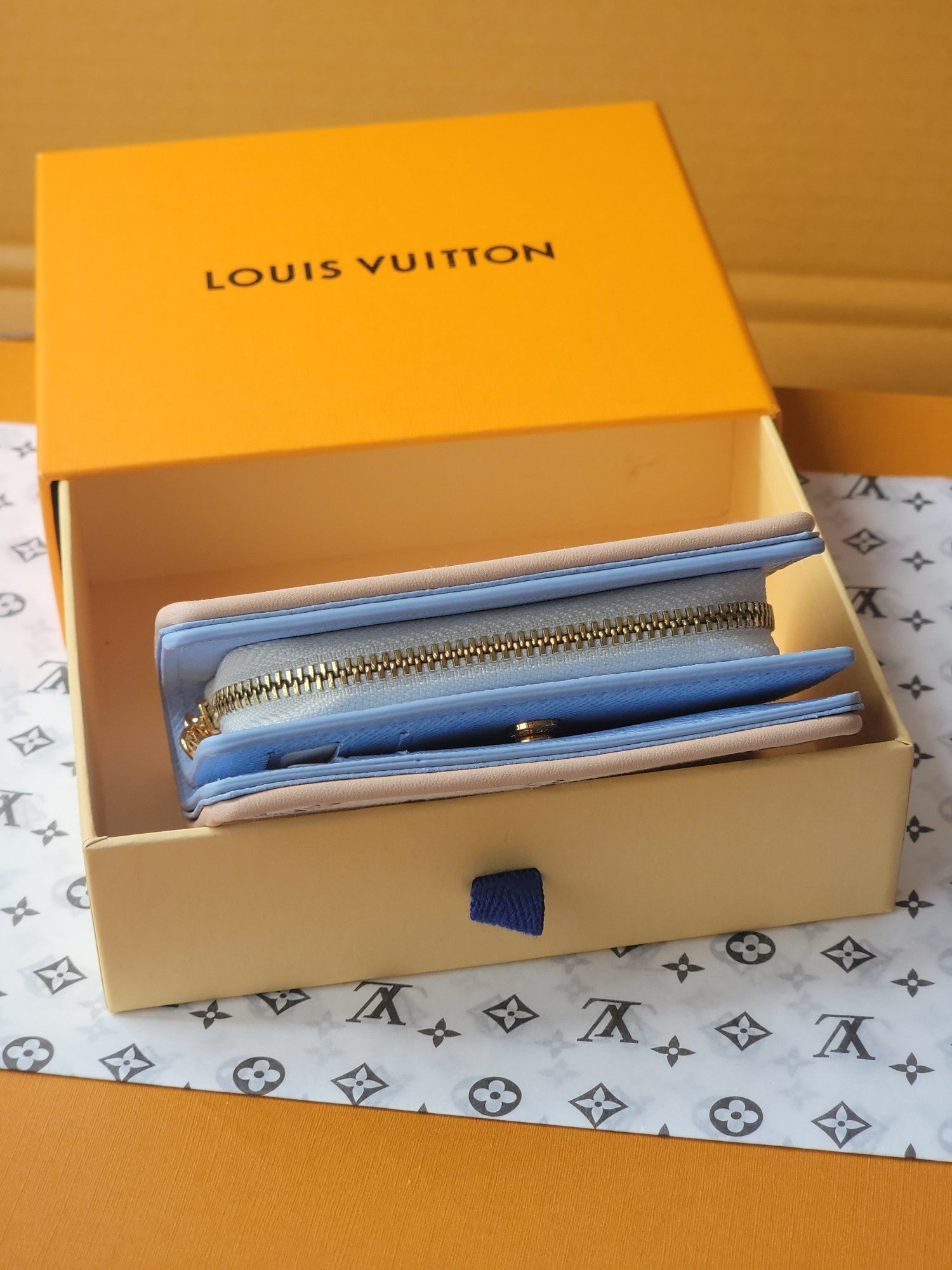 Light blue mini wallet pouch with gold zipper and interior card slots