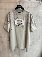 Light heather gray short-sleeve T-shirt with large oval logo graphic and speckle print