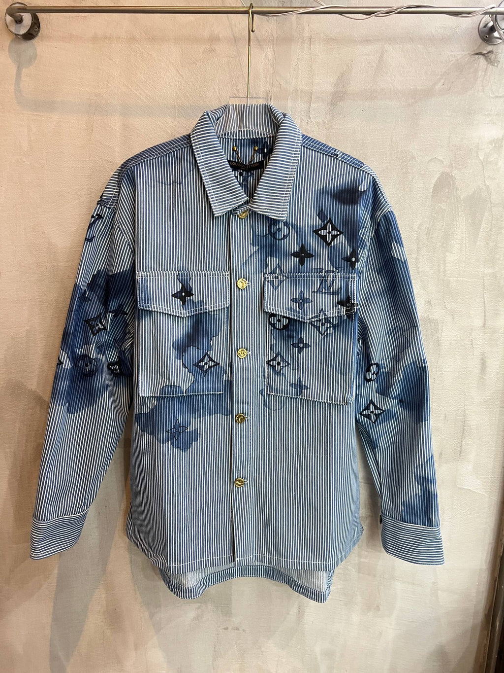 Louis Vuitton long-sleeve shirt in light blue with dark blue motif print and button front