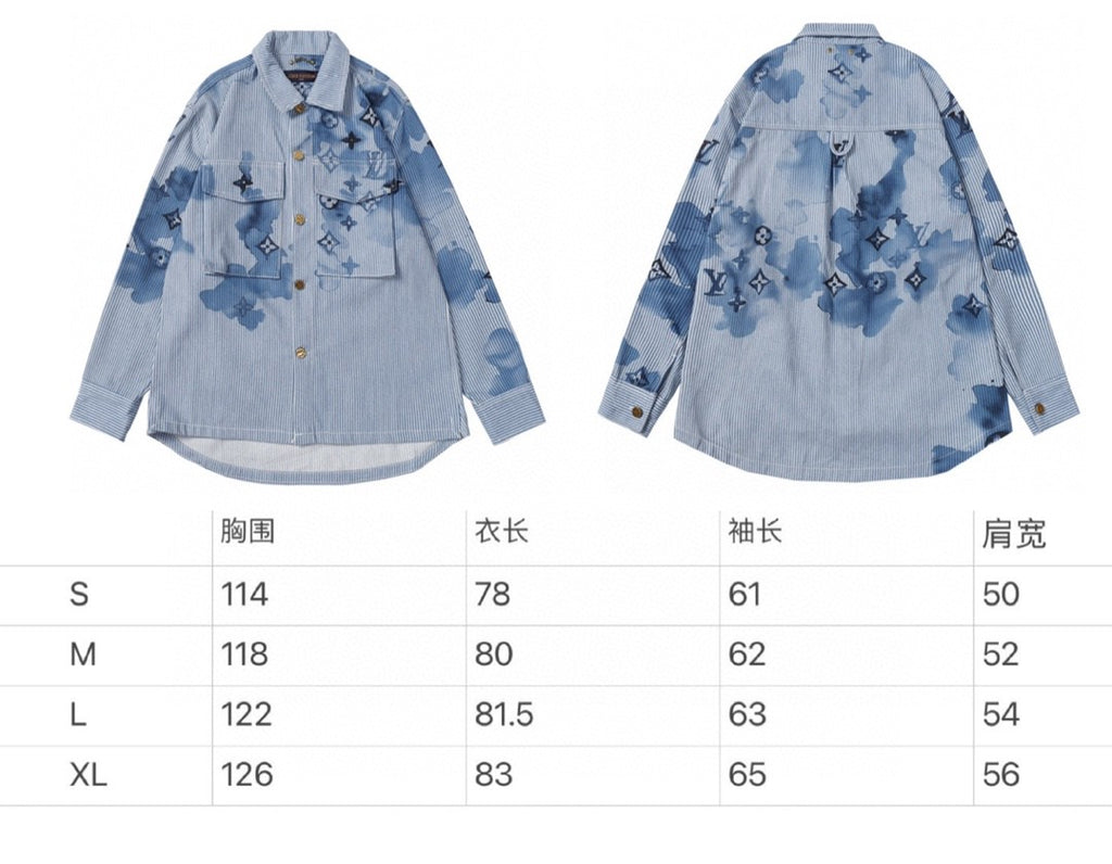 Light blue long-sleeve shirt size chart showing front and back measurements