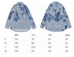 Light blue long-sleeve shirt size chart showing front and back measurements