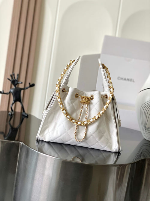 White quilted leather Chanel shoulder bag with gold chain strap and top handle