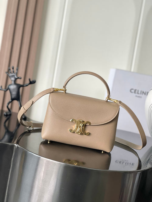 Celine small top-handle bag in beige textured leather with gold clasp